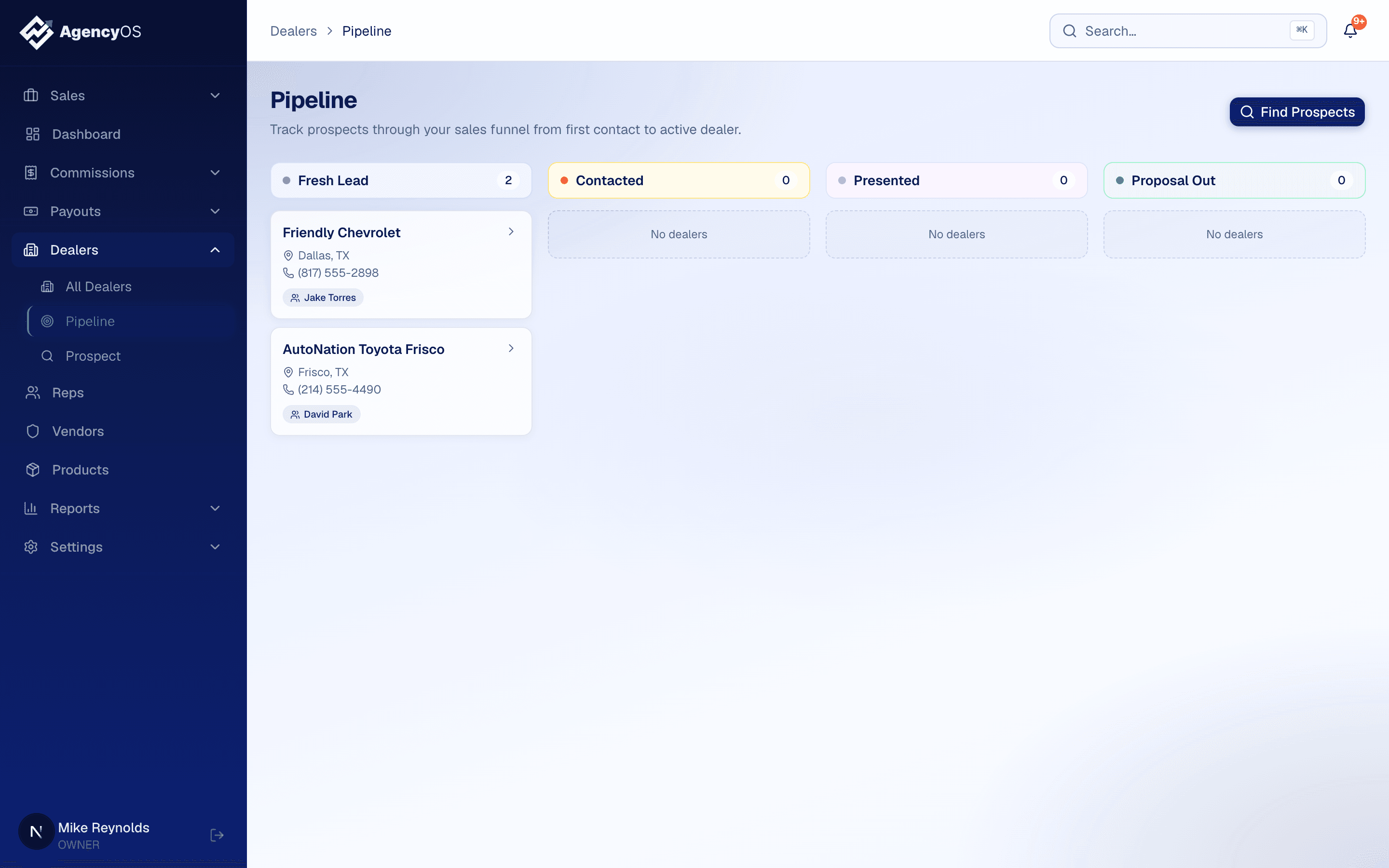 F&I Agency HQ dealer pipeline kanban board with prospect stages